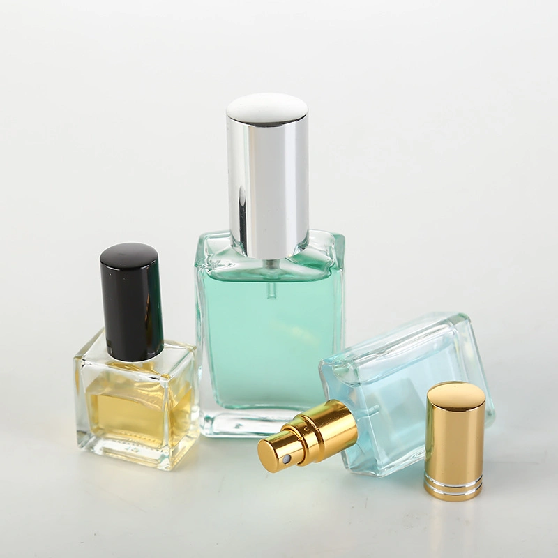 Rectangle 30ml 50ml Refillable Pump Spray Glass Perfume Bottle with Aluminum Cap